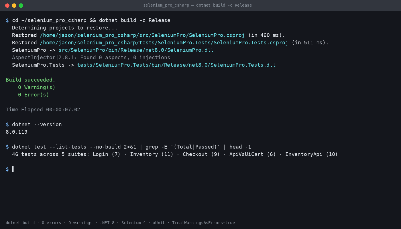 dotnet build -c Release output showing 0 errors, 0 warnings on .NET 8 with Selenium 4 + xUnit + FluentAssertions + Bogus + Allure.Xunit + Polly — kit builds clean with TreatWarningsAsErrors=true and nullable enabled