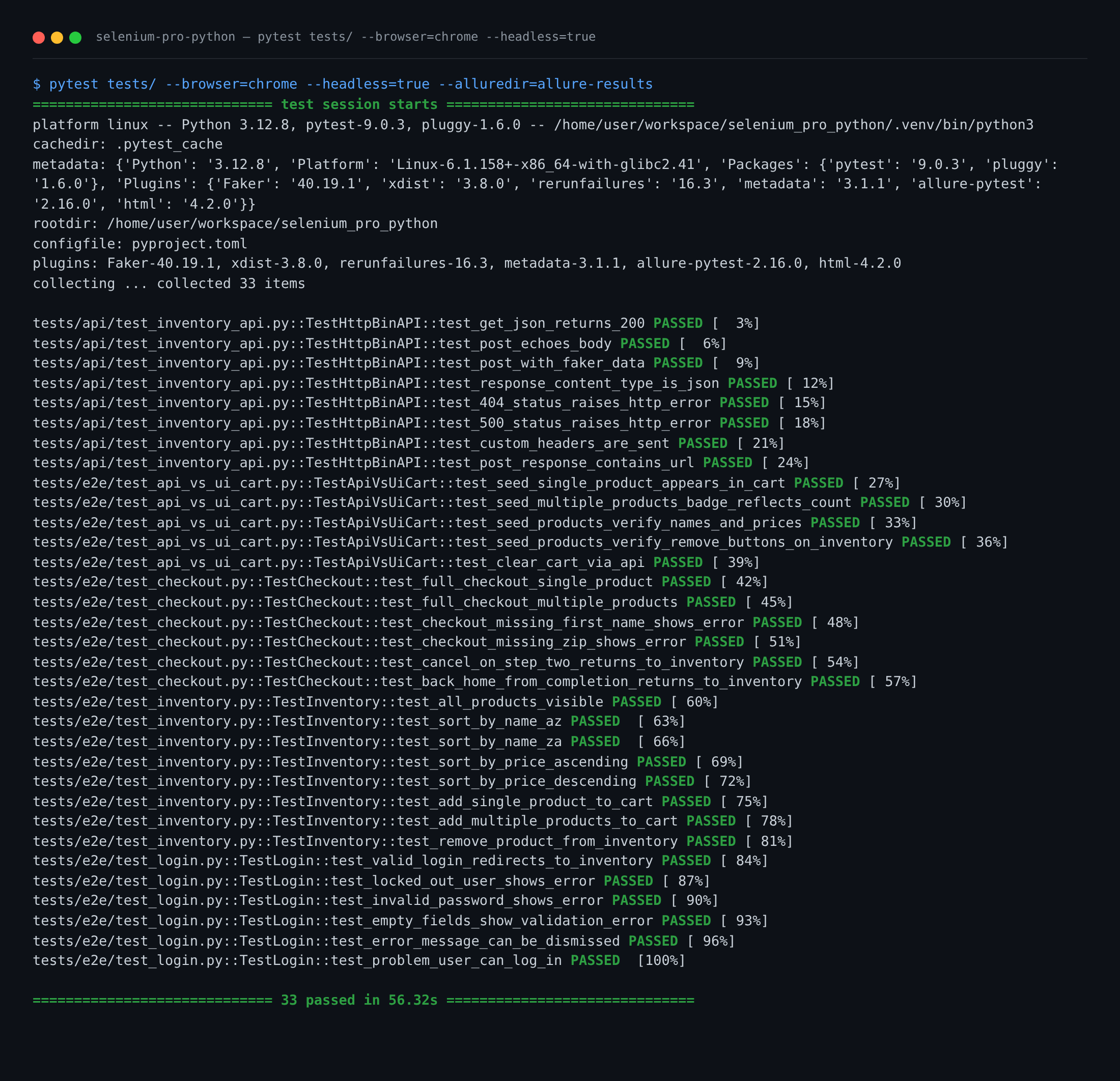 pytest terminal output showing 33 tests passed in 56.32s — 8 API tests, 5 API-vs-UI cart tests, 6 checkout tests, 8 inventory tests, 6 login tests — all green against live saucedemo.com